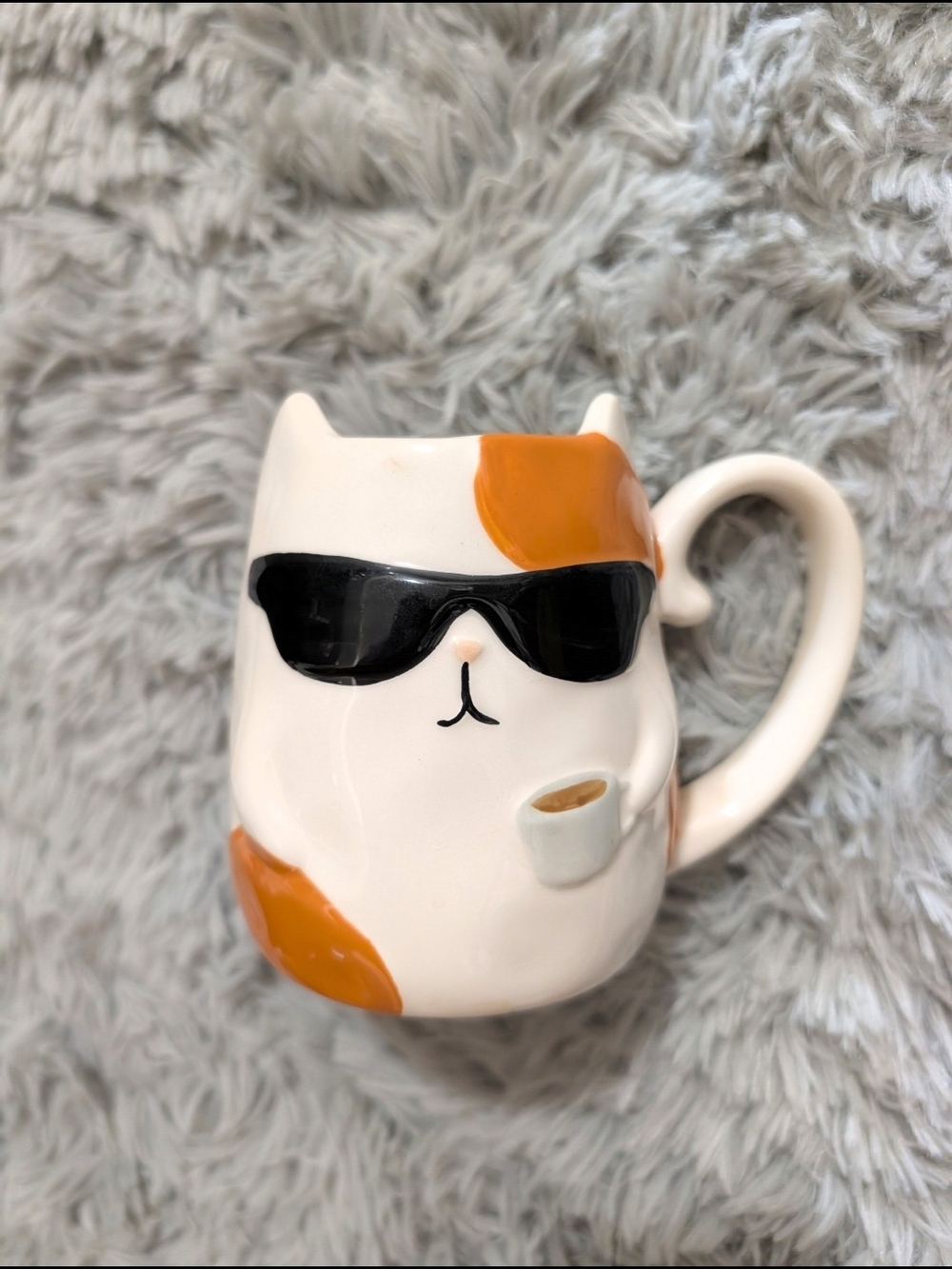 White Cat Mug with Black Shades and Orange Accents